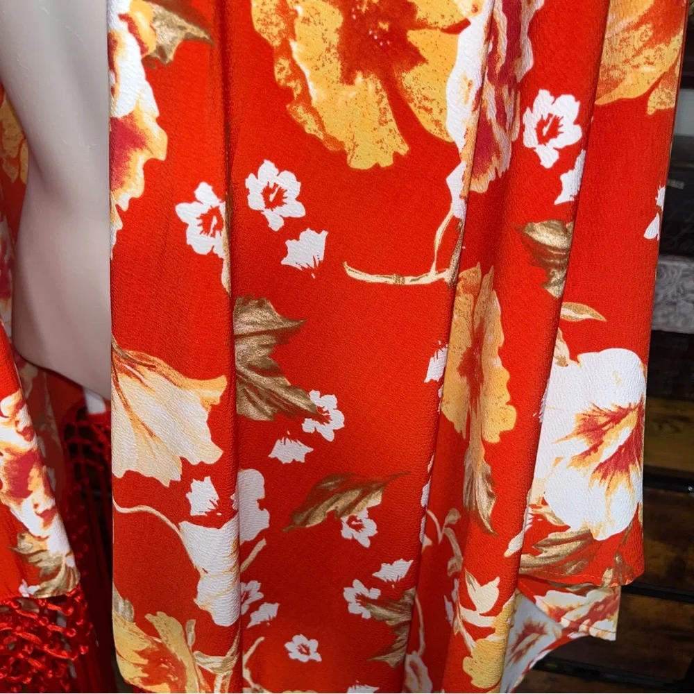 Diane Gilman Red Floral Fringe Kimono Cover-Up Red XS/S NWT